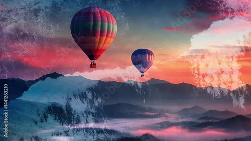 Multicolored balloons flying over misty mountains at sunset. Ocean waves. Double exposure. Cinematic. Generated AI.