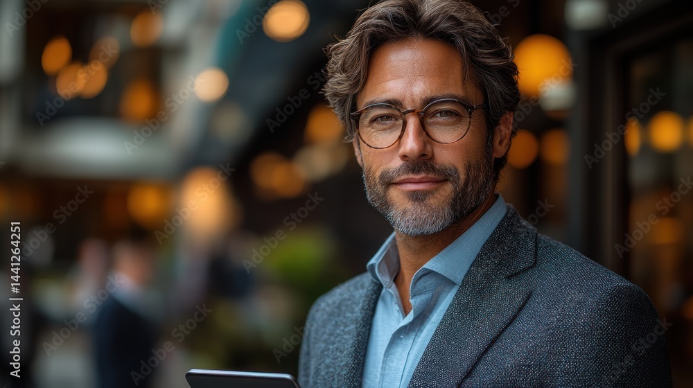 Fototapeta premium Man with glasses wearing a suit jacket outdoors smiling at the camera.