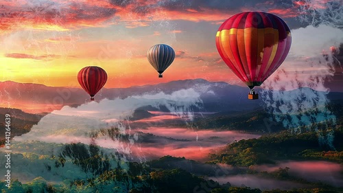 Multicolored balloons flying over misty mountains at sunset. Ocean waves. Double exposure. Cinematic. Generated AI.