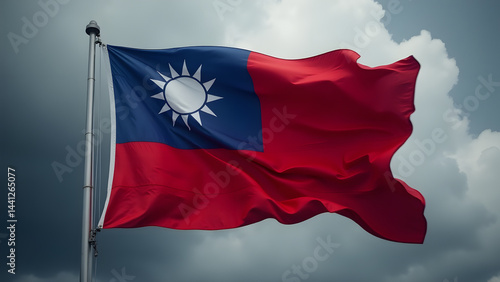 Taiwan's sun flag waves defiantly under storm clouds, its red-blue-white design glowing through dramatic lighting. Free Download Taiwan's sun flag waves defiantly under storm clouds, its red-blue-white design glowing through dramatic lighting. - GFXLoad