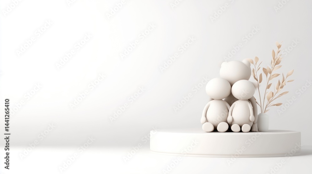 Fototapeta premium White Figurines with Floral Branch Minimalist Style High-resolution Soft Lighting Wide Shot Gentle Curves Peaceful Togetherness White Background Soft Neutral Tones Ideal for Wedding Invitations