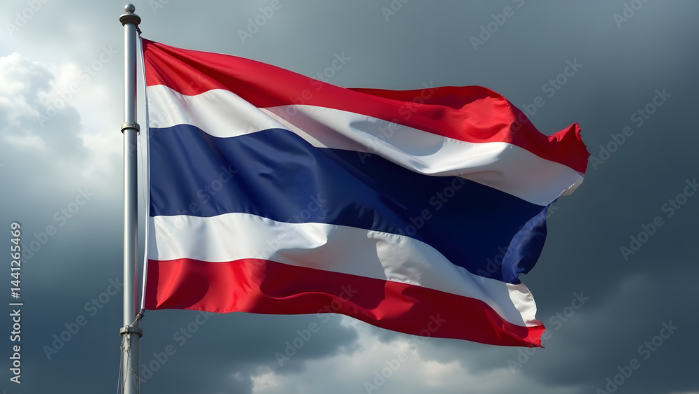 Thailand's vibrant flag waves defiantly under stormy skies, its red-white-blue stripes glowing against dramatic clouds. Perfect for symbolic wallpapers. Thailand's vibrant flag waves defiantly under stormy skies, its red-white-blue stripes glowing against dramatic clouds. Perfect for symbolic wallpapers.