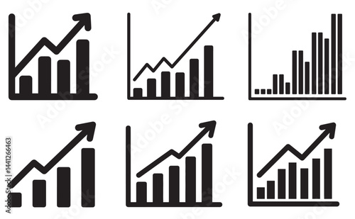Growing graphic icon set. Statistics and analytics vector icon. Statistic and data, charts diagrams, money, down or up arrow. Vector illustration.