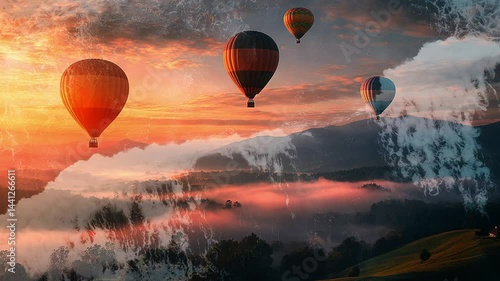 Multicolored balloons flying over misty mountains at sunset. Ocean waves. Double exposure. Cinematic. Generated AI.