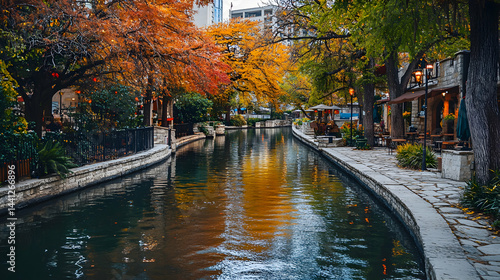 Scenic autumn view along the San Antonio River Walk on a bright day