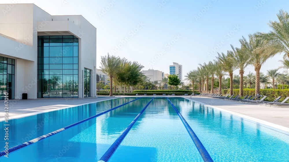 Modern pool complex with spacious grounds and modern architecture Modern pool complex with spacious grounds and modern architecture