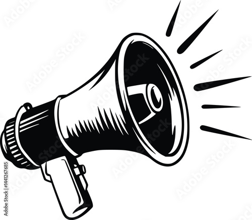 Black and white bold vector of a megaphone shouting, isolated on white background.