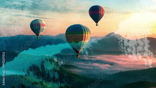 Multicolored balloons flying over misty mountains at sunset. Ocean waves. Double exposure. Cinematic. Generated AI.