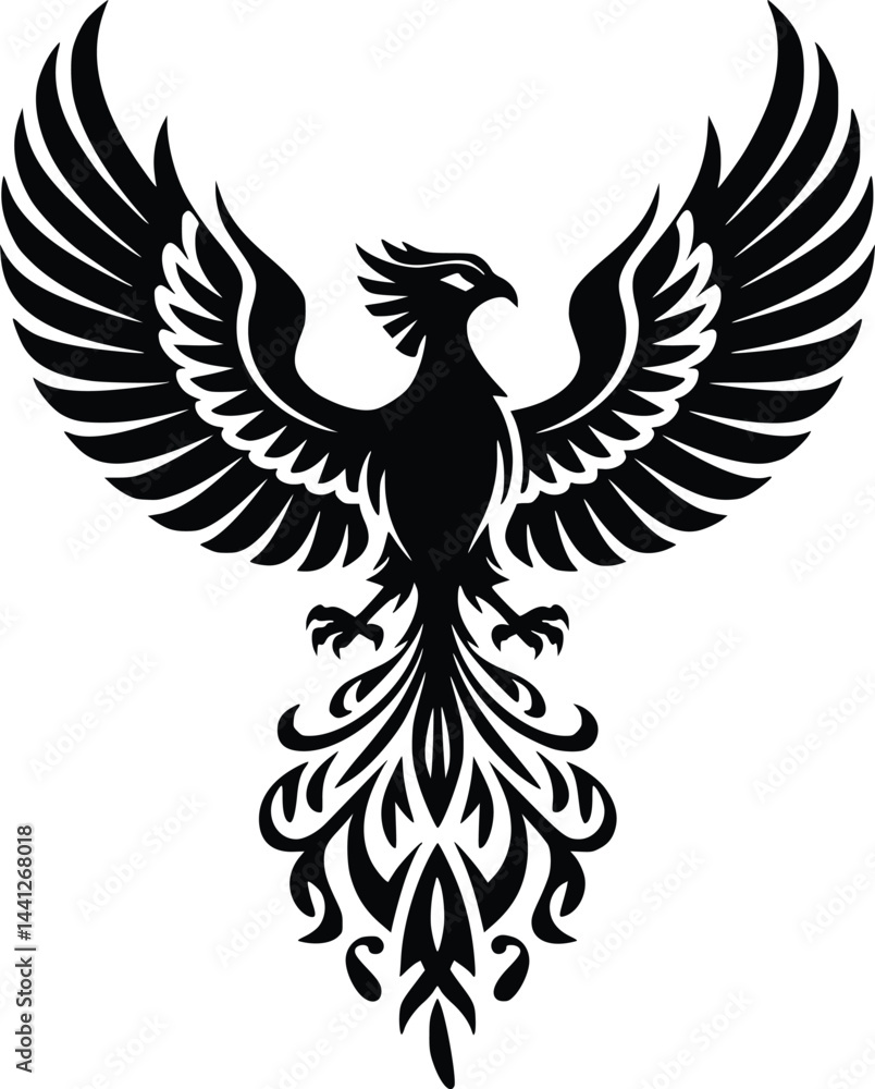 Fototapeta premium Black and white bold vector of a phoenix rising, isolated on white background.