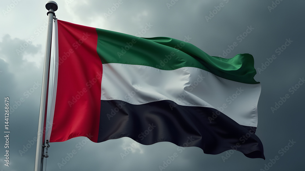 Obraz premium UAE's striking flag waves powerfully against stormy skies, its red-green-white-black stripes glowing dramatically.