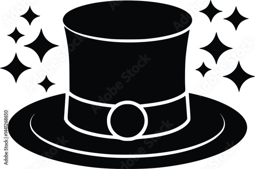 Black and white bold vector of a magician hat, isolated on white background.