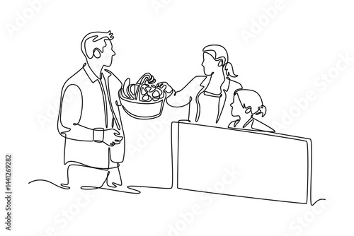  Neighbor sharing concept. Single line draw design. Vector graphic illustration