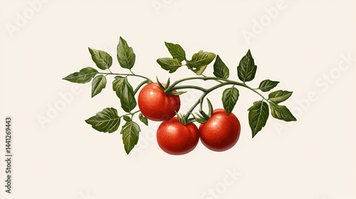Red Ripe Tomatoes on Vine Botanical Illustration Vintage Style Detailed Painting Fresh Organic Food Garden Produce Healthy Diet Natural Ingredients Vibrant Colors Artistic Drawing 