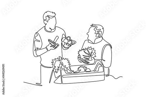  Neighbor sharing concept. Single line draw design. Vector graphic illustration