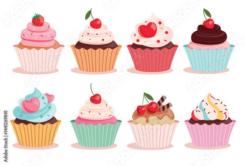 Cupcake birthday elements clipart set. Birthday cupcake drawing clip art collection birth day sweet cake delicious party food vector illustration.     
