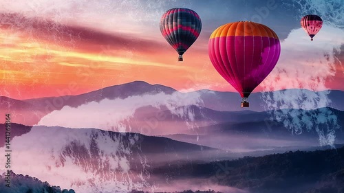 Multicolored balloons flying over misty mountains at sunset. Ocean waves. Double exposure. Cinematic. Generated AI.