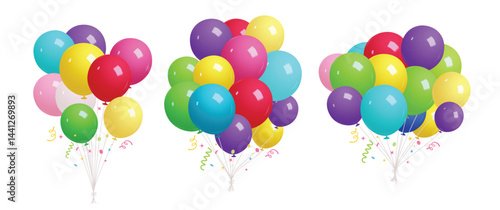 Bunch of balloons colorful clipart set. Birthday balloon inflatable elements clip art collection for party, anniversary, wedding and birth day decoration vector illustration. 

