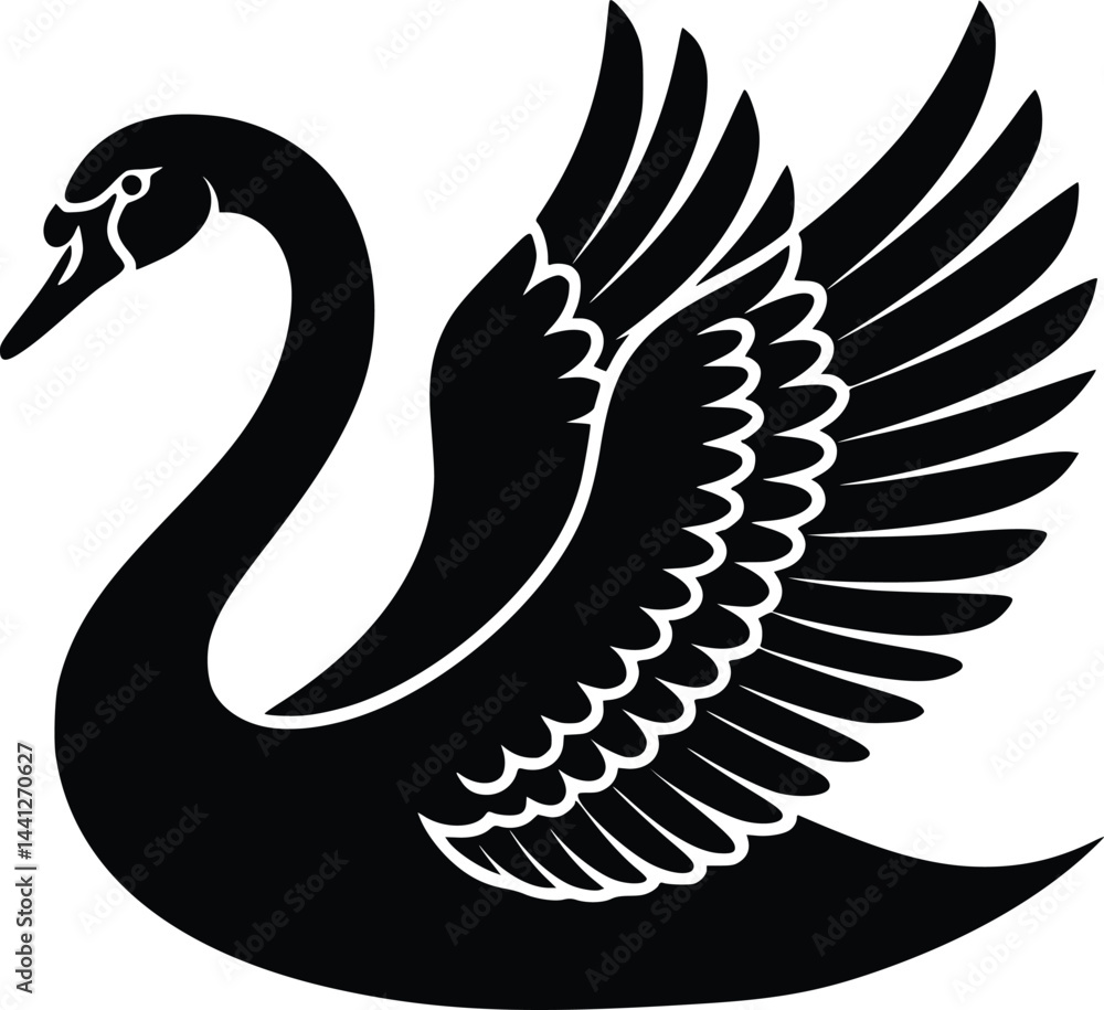 Obraz premium Black and white bold vector of a swan gliding, isolated on white background.