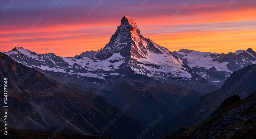 Fototapeta premium Matterhorn Mountain Peak at Sunrise with Snow and Colorful Sky