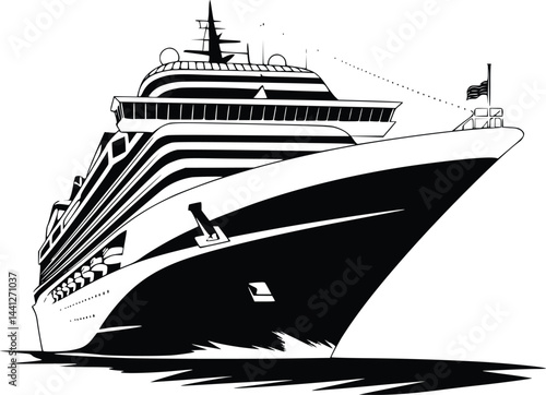 Black and white bold vector of a cruise ship at sea, isolated on white background.
