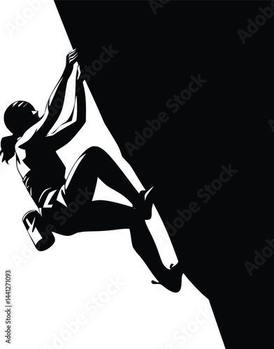 Black and white bold vector of a rock climber ascent, isolated on white background.