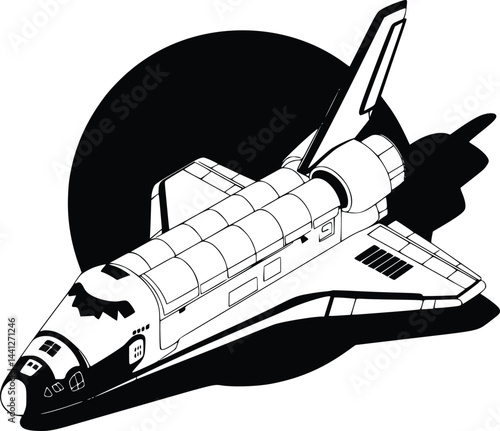 Black and white bold vector of a space shuttle docking, isolated on white background.
