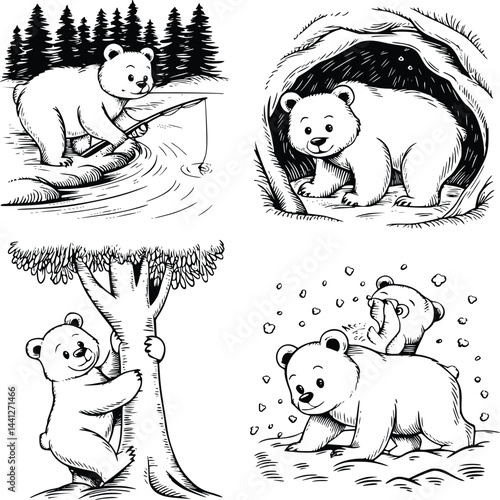Bold black and white hand-drawn illustrations of 4 bears doodling fishing in rivers, hibernating in caves, climbing trees, and playing in the snow, isolated on white.