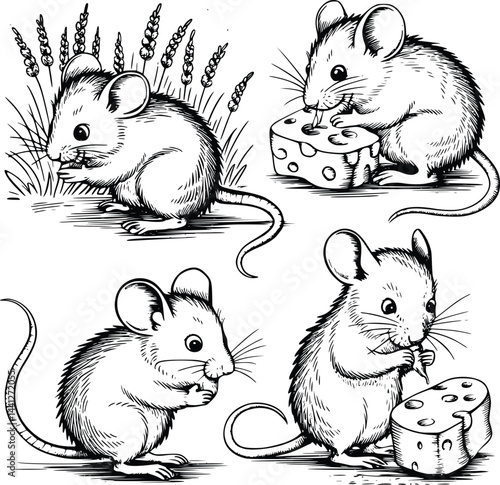 Bold black and white hand-drawn illustrations of 4 adorable mice doodling scurrying through fields, nibbling cheese, and playing with each other, isolated on white.