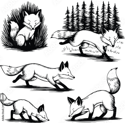 Bold black and white hand-drawn illustrations of 4 funny foxes doodling hiding in bushes, running through forests, and sniffing at the ground, isolated on white.
