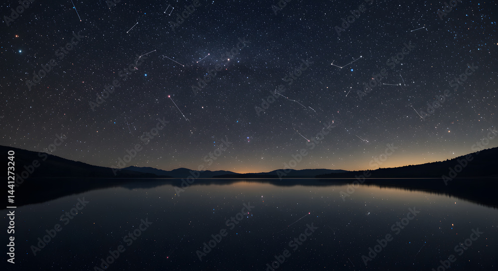 Naklejka premium Stars Over Water Reflection Captures Night Sky and Celestial Event