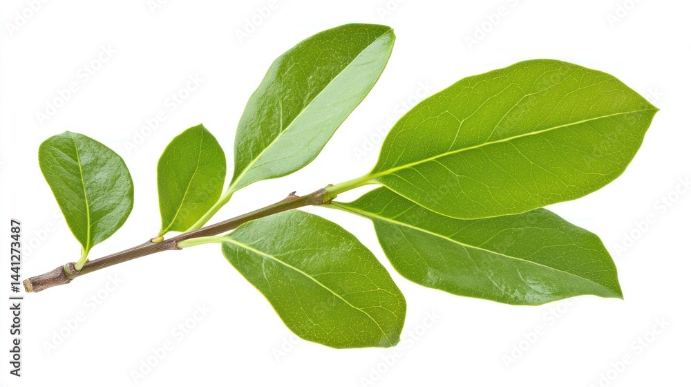 Fototapeta premium close-up shot capturing the intricate venation and vibrant green hues of bay laurel leaves attached to a slender brown stem against a pristine white backdrop