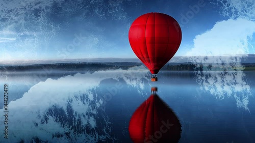 Multicolored balloons flying over misty mountains at sunset. Ocean waves. Double exposure. Cinematic. Generated AI.
