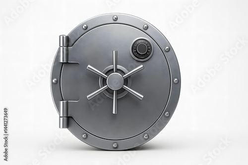 Heavy safe vault door on white background — minimalist 3D concept of financial security and wealth protection