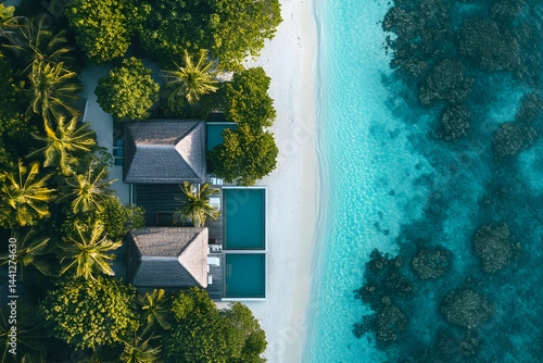 Luxury beach villa and tropical resort with ocean views, infinity pools, palm trees, and relaxing outdoor spaces. Ideal for vacation, travel, and resort lifestyle visuals.