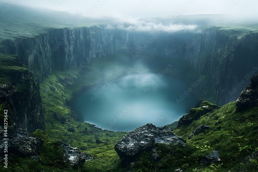 Fototapeta premium Misty crater lake nestled in a dramatic landscape.