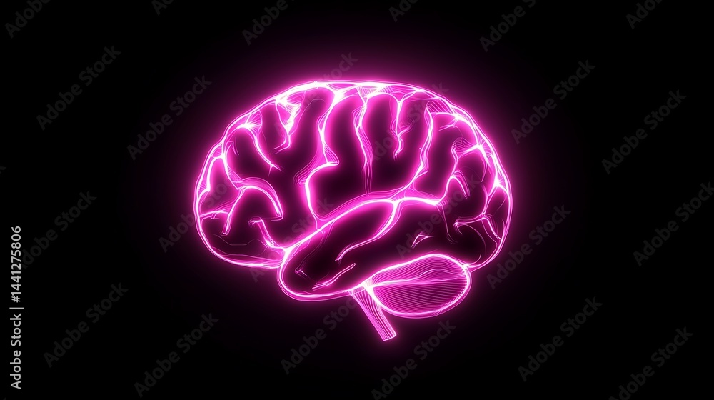 Neon Glow Brain Illustration on Black Background for Mind Concept Neon Glow Brain Illustration on Black Background for Mind Concept
