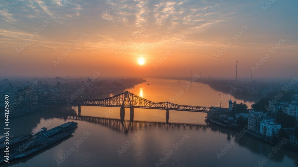 Obraz premium aerial view of a long bien bridge spanning the red river under a vibrant sunrise in hanoi vietnam showcasing urban landscape and serene waters with reflections and soft light