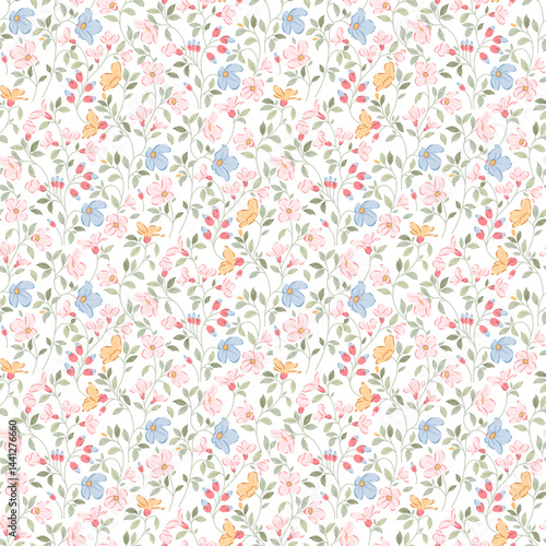 Flower pattern, ditsy floral seamless pattern. Small little flower background. Repeat pattern. Ditsy print. Botanic surface design. Ditsy floral flower pattern for fashion, fabric, wrapping, decor