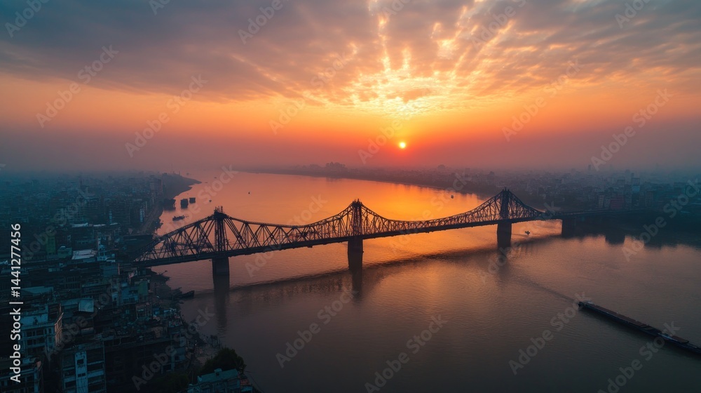 Fototapeta premium an aerial view capturing a majestic bridge spanning a serene river during a vibrant sunrise