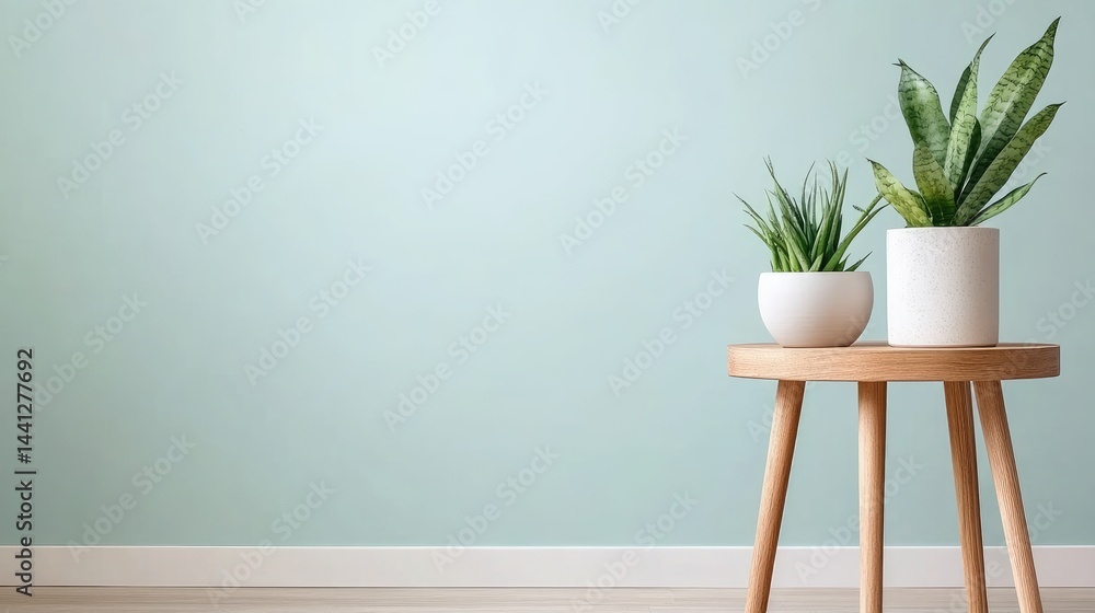 Small wooden table with plants against a pale green wall Small wooden table with plants against a pale green wall