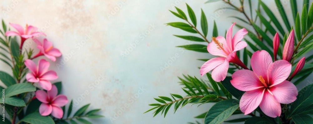 Obraz premium Subtle pink floral arrangement, vibrant tropical foliage, clean background , photo, graphic