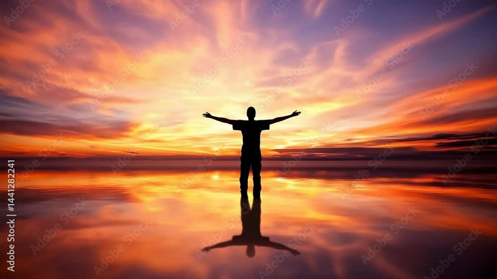 custom made wallpaper toronto digitalSilhouette Person Standing with Open Arms Reaching Sky at Sunset Reflection, Hopeful Moment