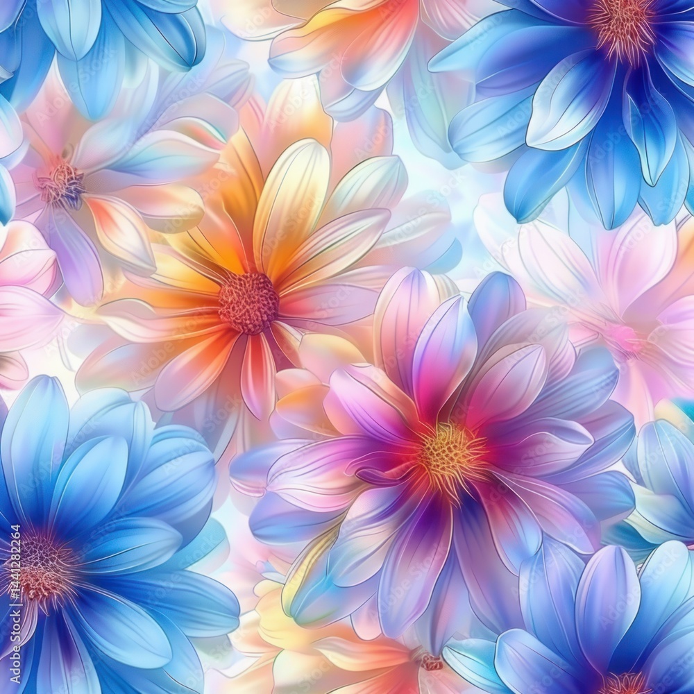 Obraz premium Colorful, large soft petals flowers overlapping in a dreamy pastel gradient background creating a serene and vibrant atmosphere