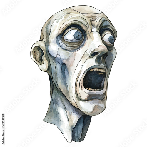 watercolor of Cursed Ancient Statue With Lifelike Features, isolated on a white background.