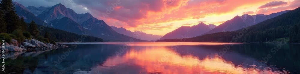 Sunrise over Noch Lake, stunning Rocky Mountain backdrop, water, photo Sunrise over Noch Lake, stunning Rocky Mountain backdrop, water, photo