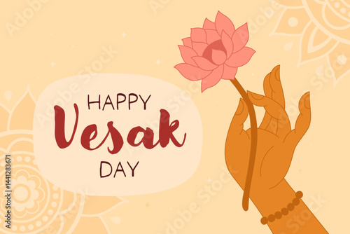 Happy Vesak day, card for buddhist holiday. Graceful hand of Buddha with a lotus flower on a light orange background. Mudra, religious symbol, meditation.