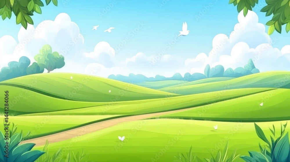 Fototapeta premium Serene Green Hillscape Illustration