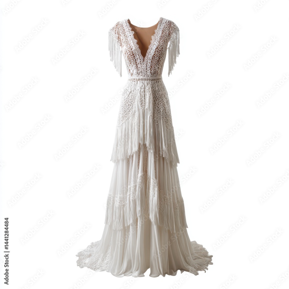 Elegant white layered wedding dress with fringe on white background Elegant white layered wedding dress with fringe on white background