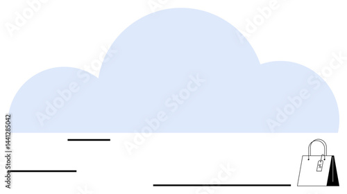 Large cloud with shopping bag showcasing connection between cloud computing and e-commerce. Ideal for retail, technology, innovation, e-commerce, cloud storage, digital services, flat simple metaphor