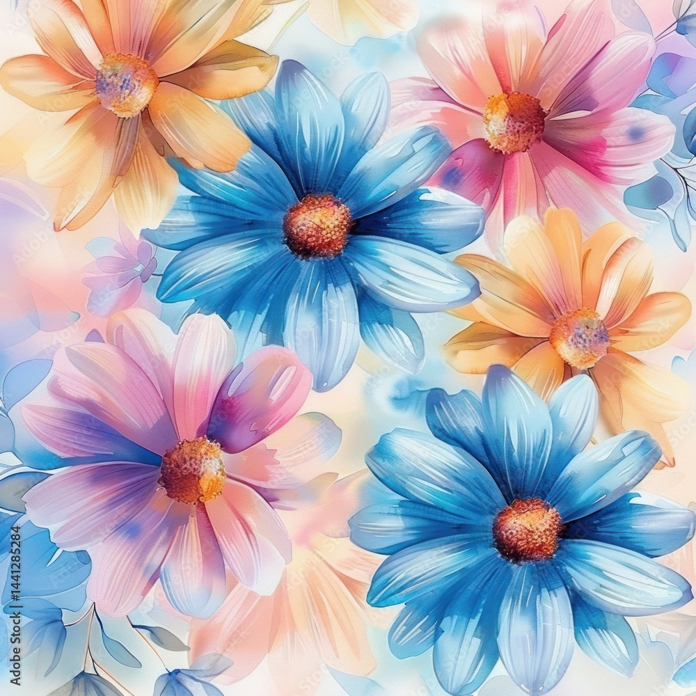 Fototapeta premium vibrant close-up of colorful flowers in shades of blue, pink, orange, and purple with soft lighting and a delicate, dreamy atmosphere